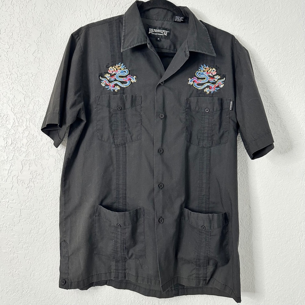 Vintage Dragonfly Clothing Embroidered Dragon Shirt Y2K‎ Camp Bowling Size M